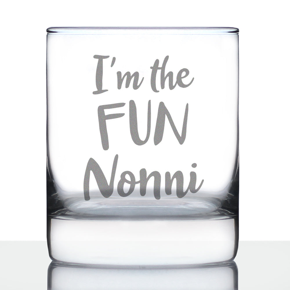 I'm the Fun Nonni 10 oz Rocks Glass or Old Fashioned Glass - Reveal Gift for New Grandmothers, Mother's Day or Birthday Gift for Nonni