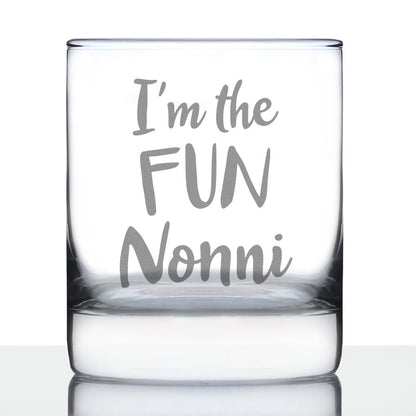 I'm the Fun Nonni 10 oz Rocks Glass or Old Fashioned Glass - Reveal Gift for New Grandmothers, Mother's Day or Birthday Gift for Nonni