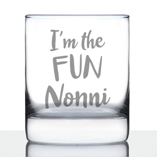 I'm the Fun Nonni 10 oz Rocks Glass or Old Fashioned Glass - Reveal Gift for New Grandmothers, Mother's Day or Birthday Gift for Nonni