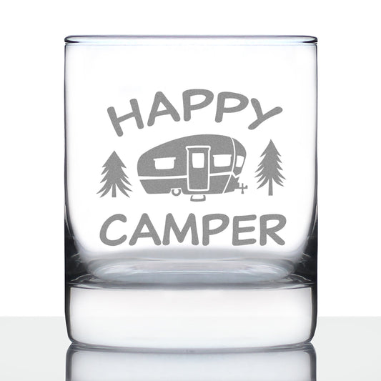 Happy Camper - Whiskey Rocks Glass - Fun RV Gifts for Men & Women Who Love Drinking Whisky & Camping Decor - 10.25 oz