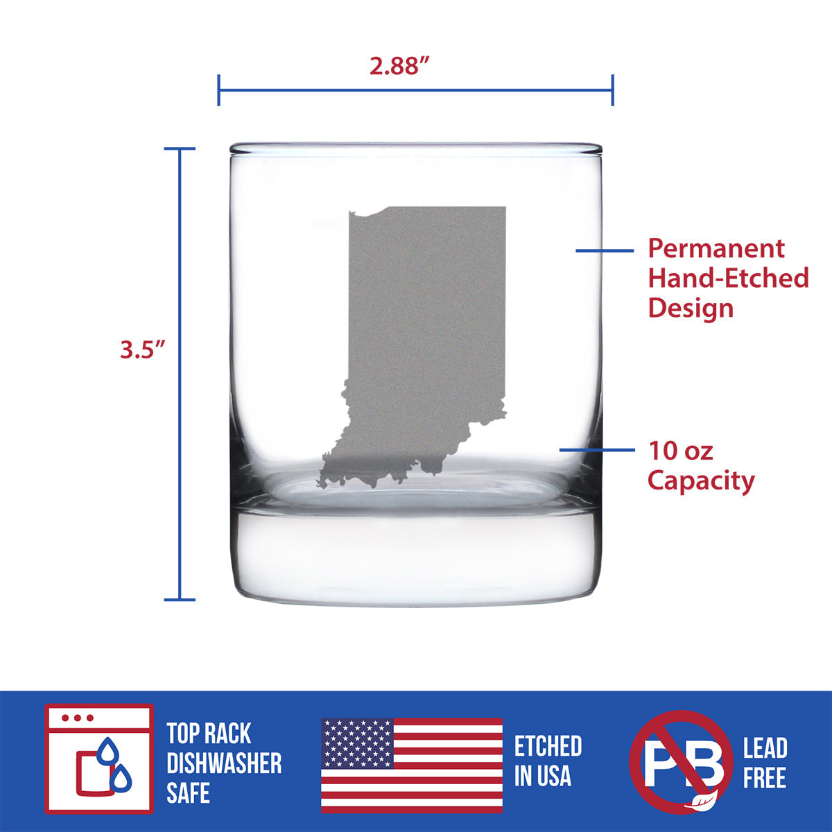 Indiana State Outline Whiskey Rocks Glass - State Themed Drinking Decor and Gifts for Hoosier Women & Men - 10.25 Oz Whisky Tumbler Glasses