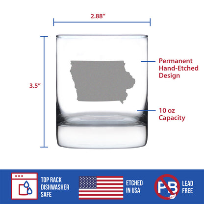 Iowa State Outline Whiskey Rocks Glass - State Themed Drinking Decor and Gifts for Iowan Women & Men - 10.25 Oz Whisky Tumbler Glasses