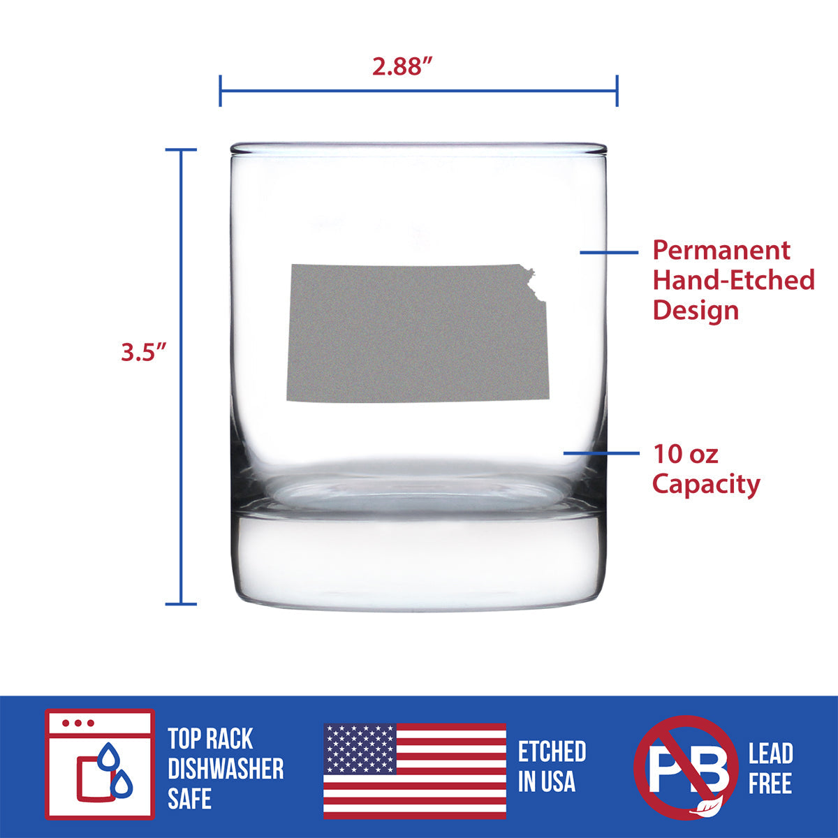 Kansas State Outline Whiskey Rocks Glass - State Themed Drinking Decor and Gifts for Kansan and Jayhawker Women & Men - 10.25 Oz Whisky Tumbler Glasses