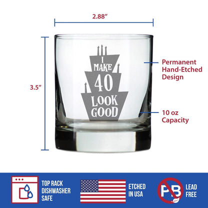 Make 40 Look Good - Funny 40th Birthday Whiskey Rocks Glass Gifts for Men & Women Turning 40 - Whisky Drinking Tumbler