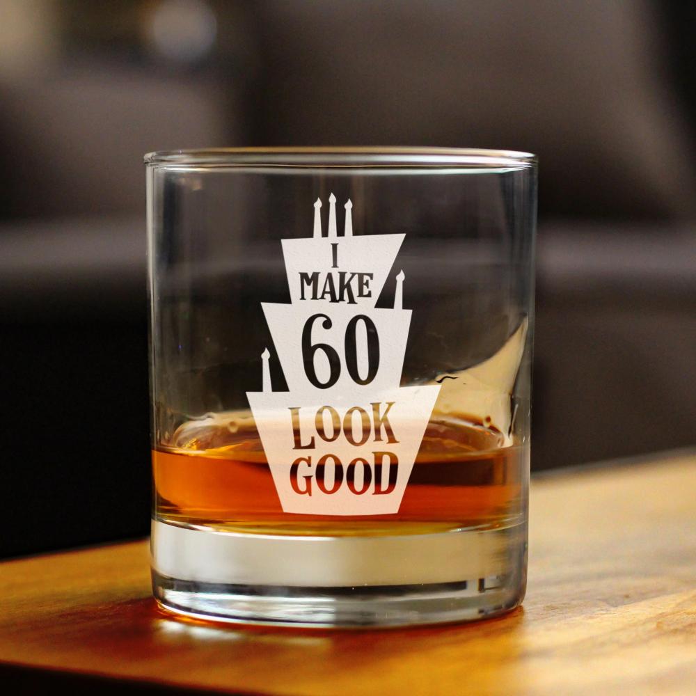 Make 60 Look Good - Funny 60th Birthday Whiskey Rocks Glass Gifts for Men & Women Turning 60 - Whisky Drinking Tumbler