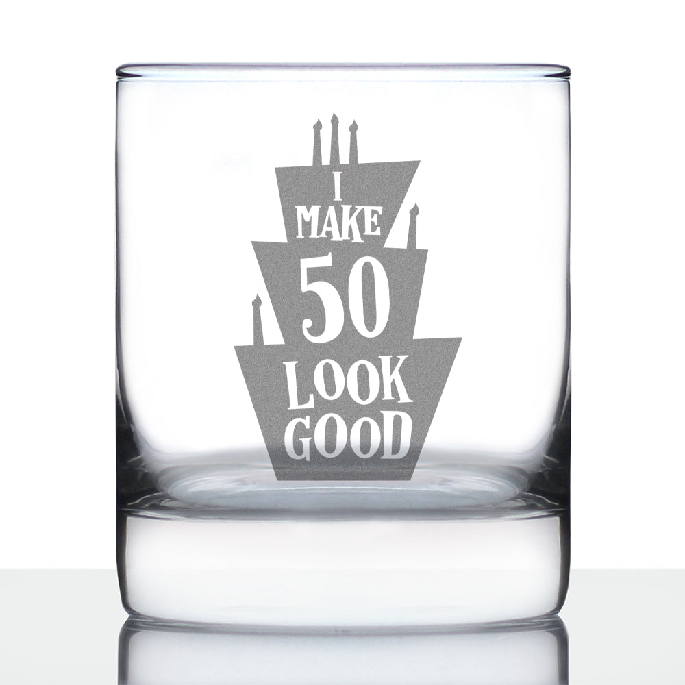 Make 50 Look Good - Funny 50th Birthday Whiskey Rocks Glass Gifts for Men & Women Turning 50 - Whisky Drinking Tumbler