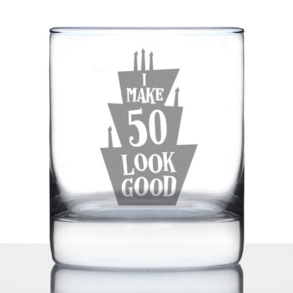 Make 50 Look Good - Funny 50th Birthday Whiskey Rocks Glass Gifts for Men & Women Turning 50 - Whisky Drinking Tumbler