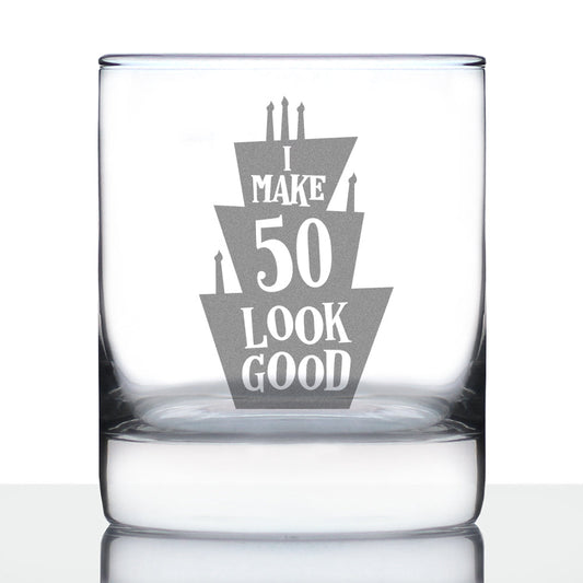 Make 50 Look Good - Funny 50th Birthday Whiskey Rocks Glass Gifts for Men & Women Turning 50 - Whisky Drinking Tumbler