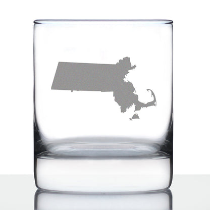 Massachusetts State Outline Whiskey Rocks Glass - State Themed Drinking Decor and Gifts for Bay Stater Women & Men - 10.25 Oz Whisky Tumbler Glasses