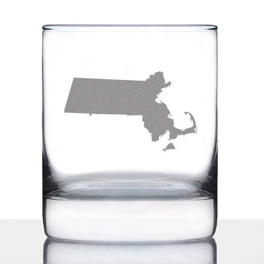 Massachusetts State Outline Whiskey Rocks Glass - State Themed Drinking Decor and Gifts for Bay Stater Women & Men - 10.25 Oz Whisky Tumbler Glasses