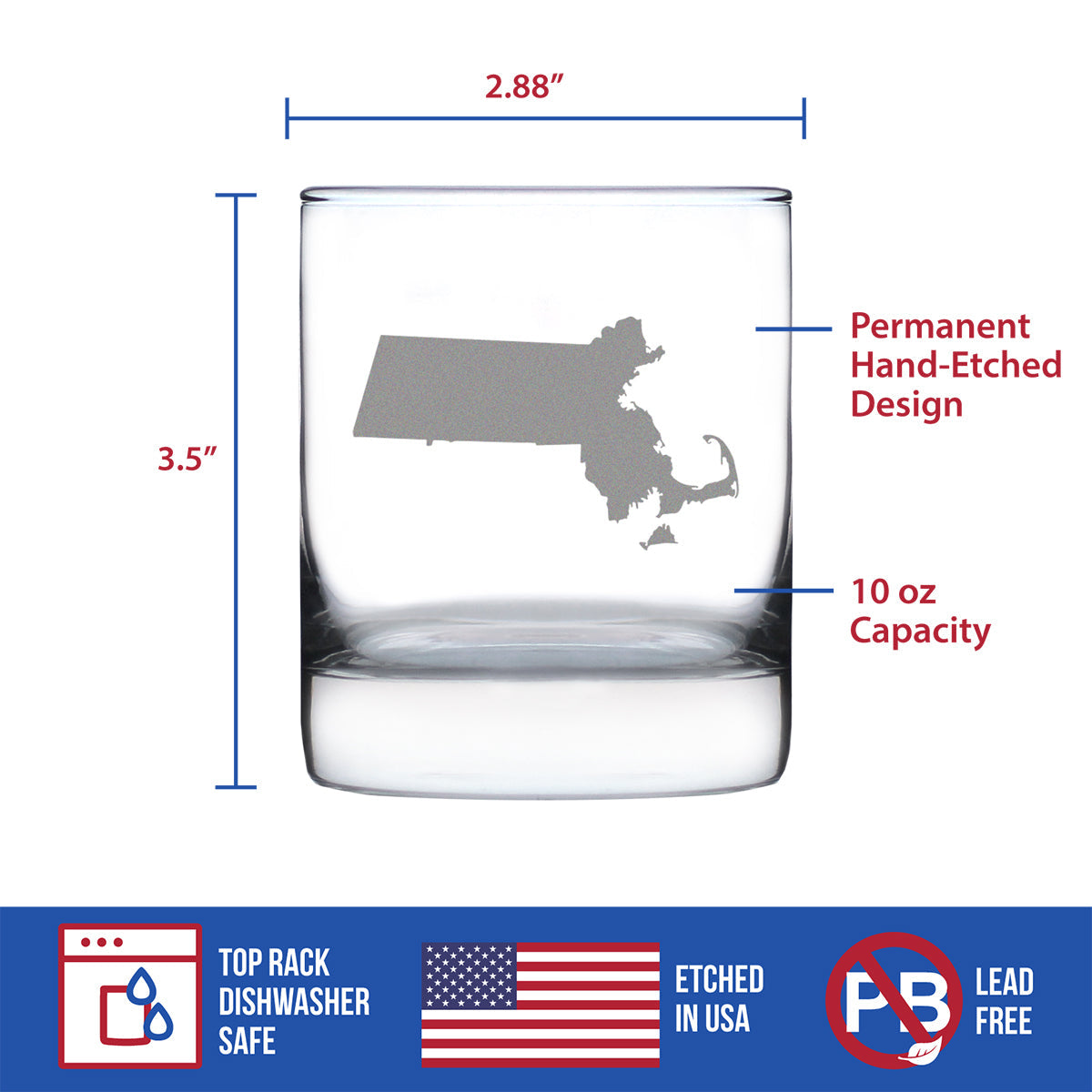 Massachusetts State Outline Whiskey Rocks Glass - State Themed Drinking Decor and Gifts for Bay Stater Women & Men - 10.25 Oz Whisky Tumbler Glasses