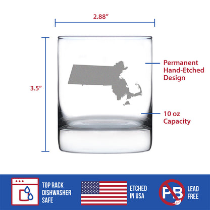 Massachusetts State Outline Whiskey Rocks Glass - State Themed Drinking Decor and Gifts for Bay Stater Women & Men - 10.25 Oz Whisky Tumbler Glasses