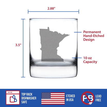 Minnesota State Outline Whiskey Rocks Glass - State Themed Drinking Decor and Gifts for Minnesotan Women & Men - 10.25 Oz Whisky Tumbler Glasses