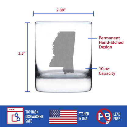 Mississippi State Outline Whiskey Rocks Glass - State Themed Drinking Decor and Gifts for Mississippian Women & Men - 10.25 Oz Whisky Tumbler Glasses