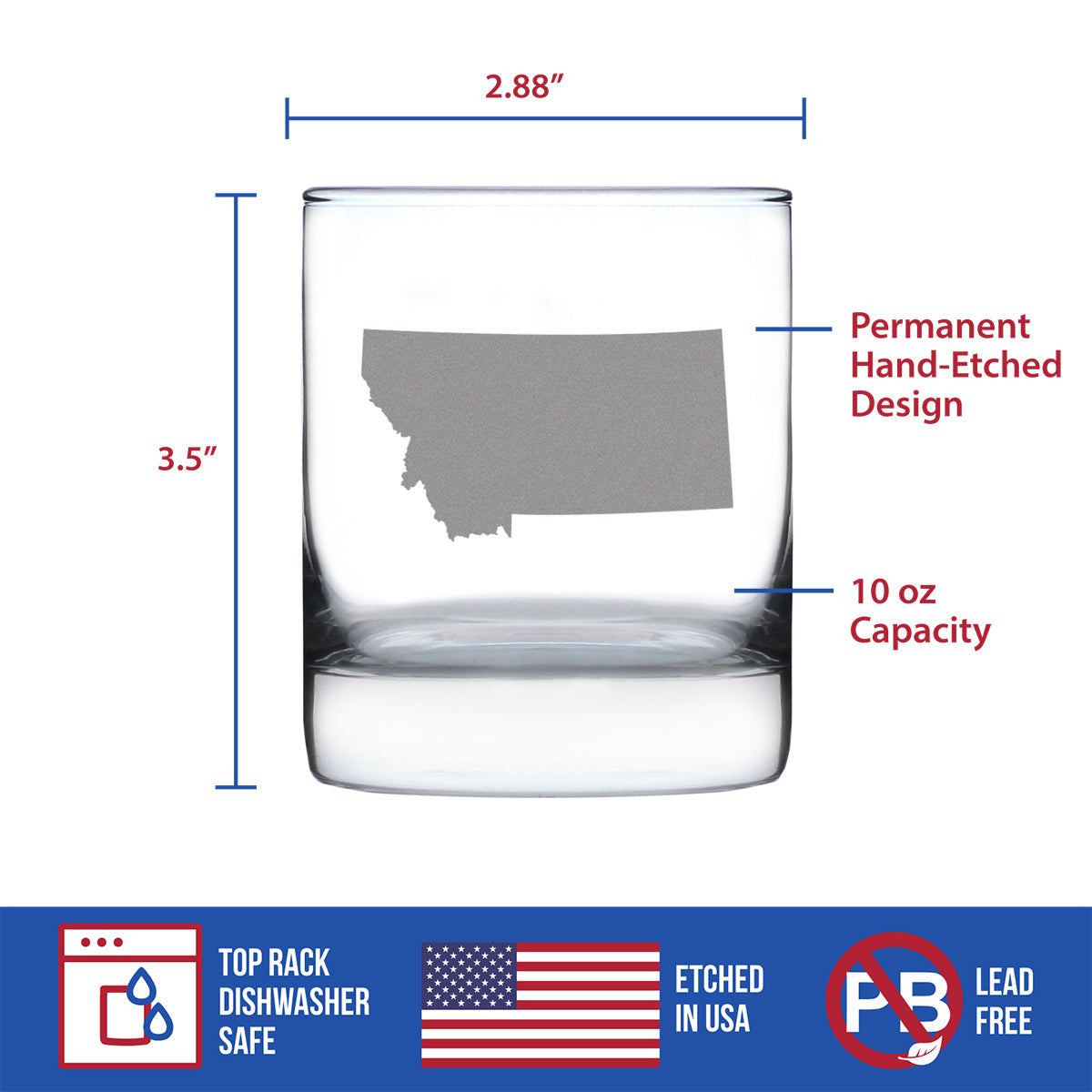 Montana State Outline Whiskey Rocks Glass - State Themed Drinking Decor and Gifts for Montanan Women & Men - 10.25 Oz Whisky Tumbler Glasses