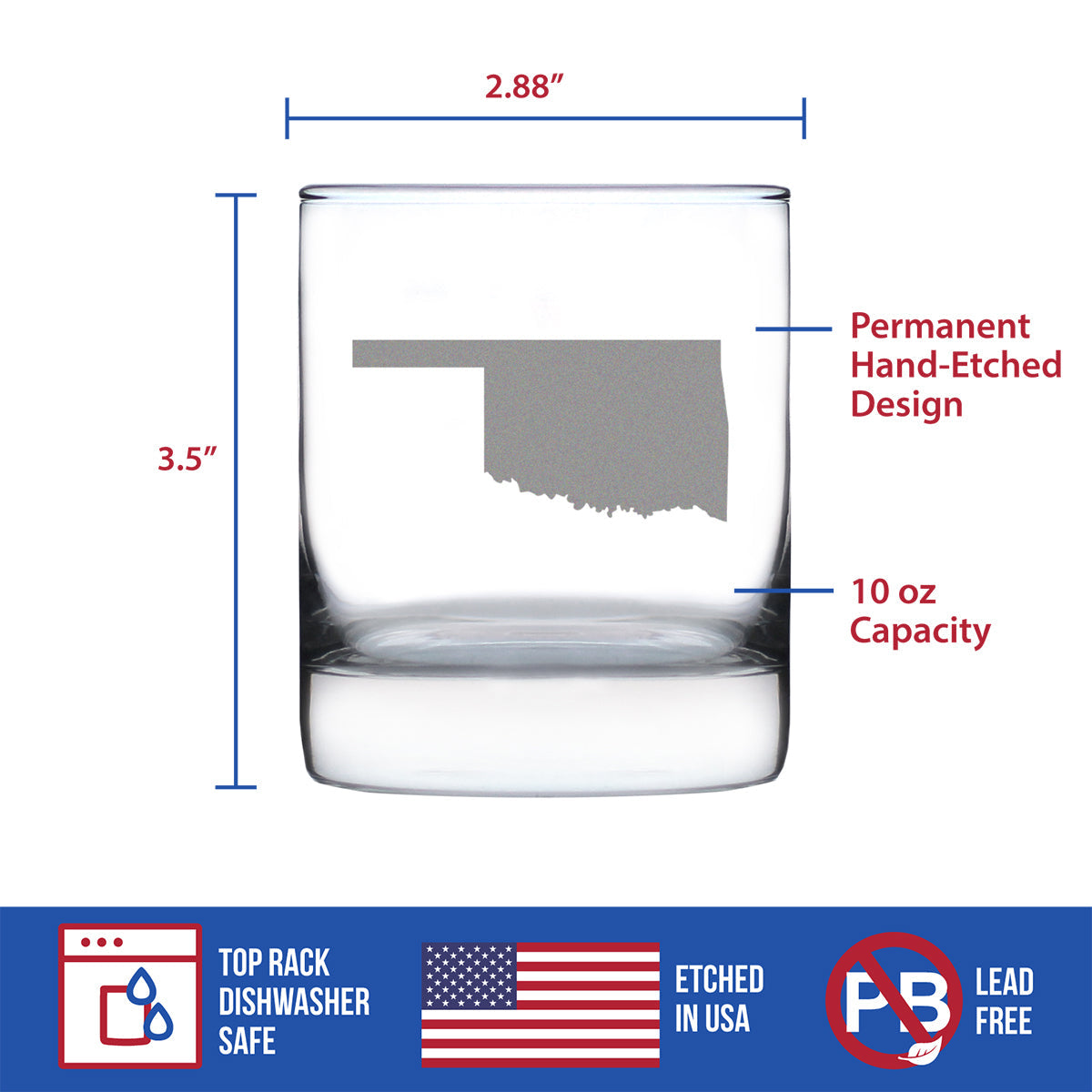 Oklahoma State Outline Whiskey Rocks Glass - State Themed Drinking Decor and Gifts for Oklahoman Women & Men - 10.25 Oz Whisky Tumbler Glasses