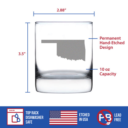 Oklahoma State Outline Whiskey Rocks Glass - State Themed Drinking Decor and Gifts for Oklahoman Women & Men - 10.25 Oz Whisky Tumbler Glasses