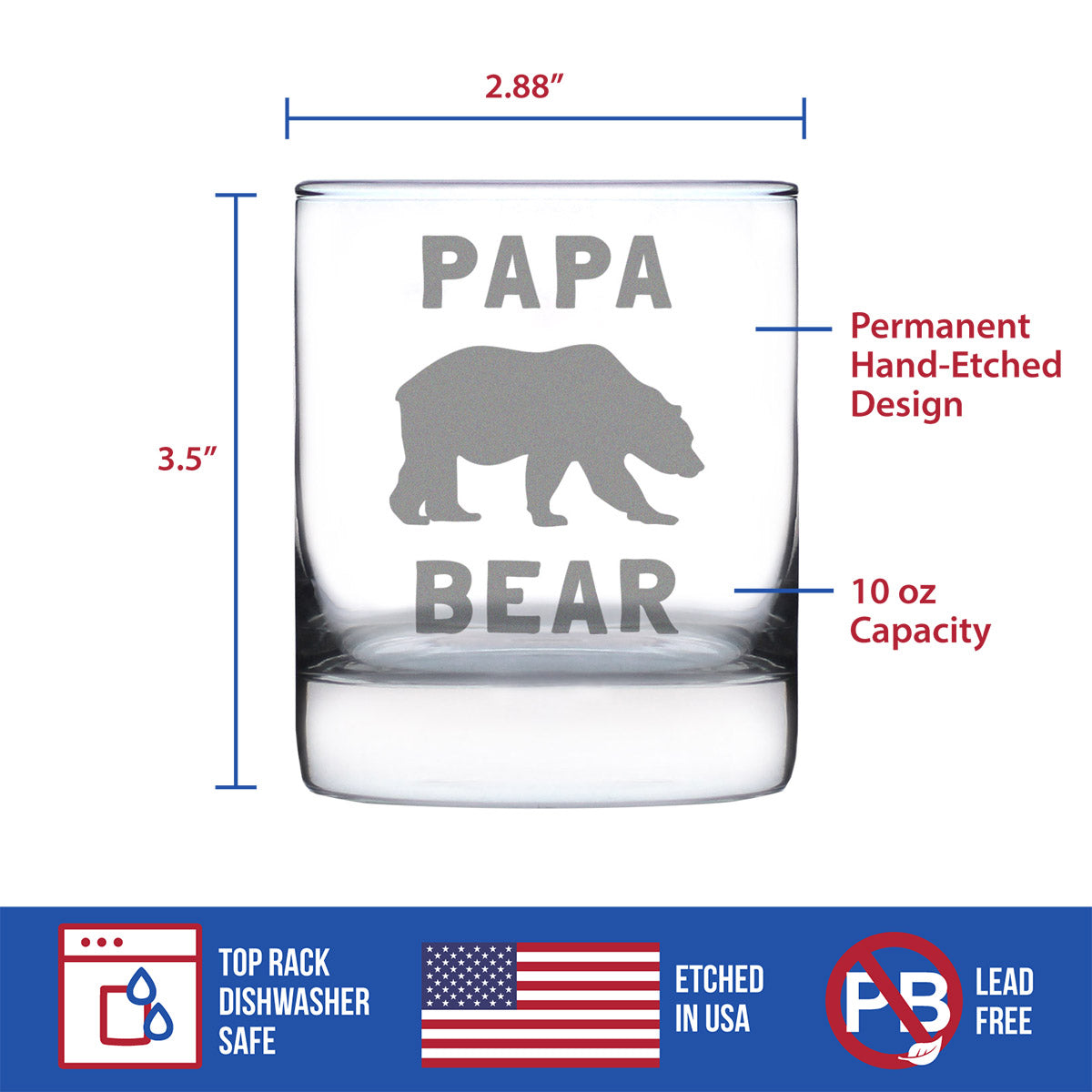 Papa Bear Whiskey Rocks Glass - Cute Funny Dad Gift Ideas for Father's Day or Birthday - 10.25 Oz Glasses