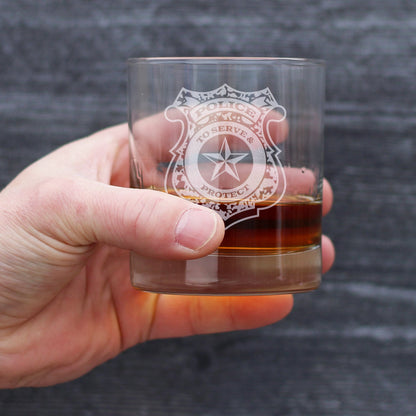 Police Badge Engraved 10 Oz Rocks or Old Fashioned Glass, Unique Gifts for Police Officers, Law Enforcement Gift