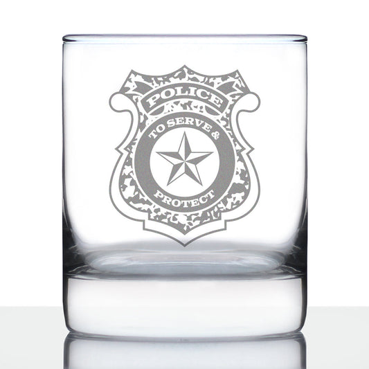 Police Badge Engraved 10 Oz Rocks or Old Fashioned Glass, Unique Gifts for Police Officers, Law Enforcement Gift
