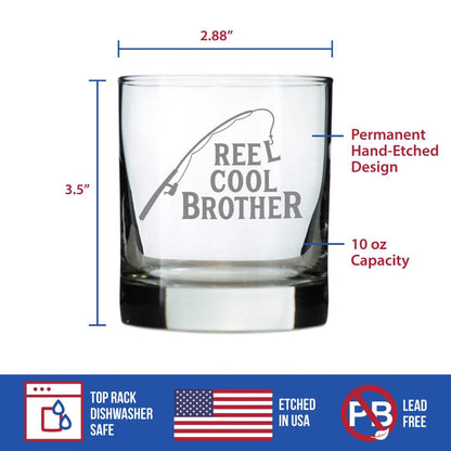 Reel Cool Brother - Funny Whiskey Rocks Glass - Fishing Gifts for Brothers - Engraved 10.25 oz Glasses - Fun Fish Cups