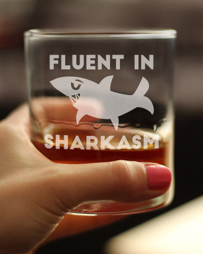 Fluent in Sharkasm - Funny Shark Whiskey Rocks Glass Gifts for Sarcastic Men & Women - Fun Whisky Drinking Tumbler Décor