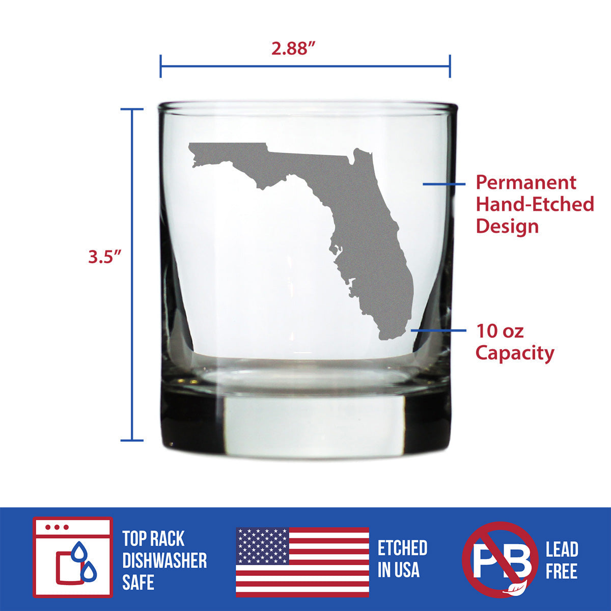 Florida State Outline Whiskey Rocks Glass - State Themed Drinking Decor and Gifts for Floridian Women & Men - 10.25 Oz Whisky Tumbler Glasses