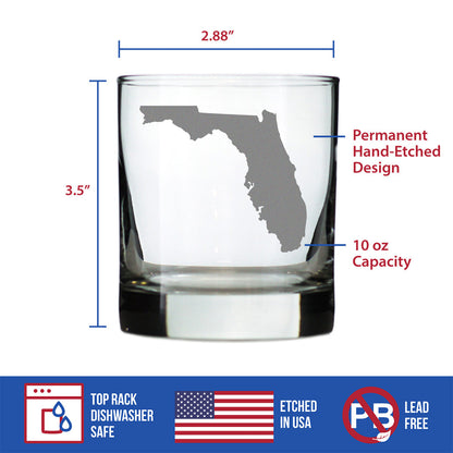 Florida State Outline Whiskey Rocks Glass - State Themed Drinking Decor and Gifts for Floridian Women & Men - 10.25 Oz Whisky Tumbler Glasses