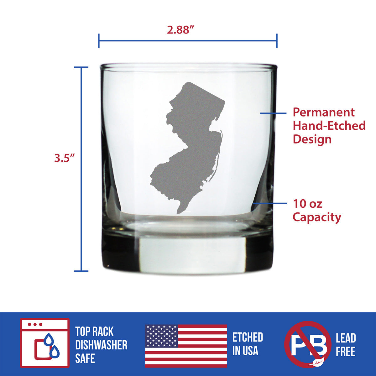 New Jersey State Outline Whiskey Rocks Glass - State Themed Drinking Decor and Gifts for New Jerseyan Women & Men - 10.25 Oz Whisky Tumbler Glasses