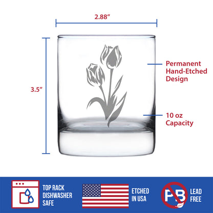 Tulip Whiskey Rocks Glass - Floral Themed Decor and Gifts for Flower Lovers - 10.25 Oz Glasses
