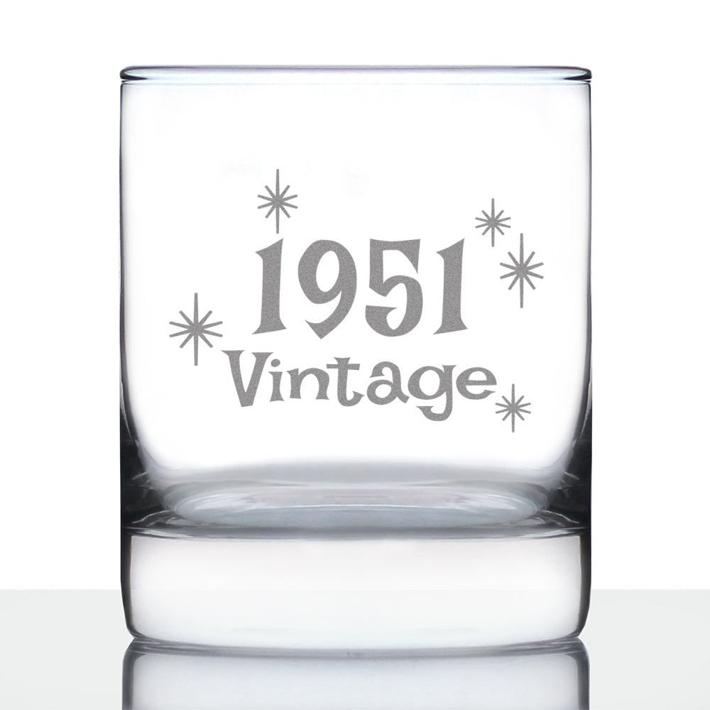 Vintage 1951 - Fun 74th Birthday Whiskey Rocks Glass Gifts for Men & Women Turning 74 - Retro Whisky Drinking Tumbler