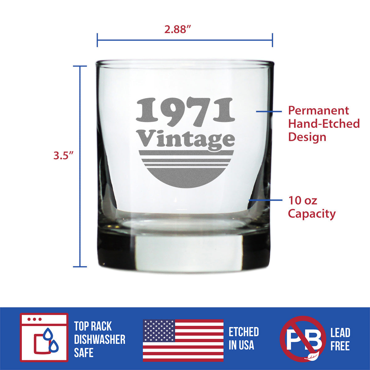 Vintage 1971 - Fun 54th Birthday Whiskey Rocks Glass Gifts for Men & Women Turning 54 - Retro Whisky Drinking Tumbler
