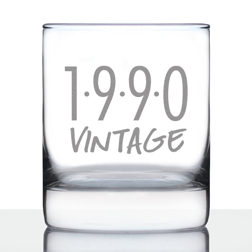 Vintage 1990 - Fun 35th Birthday Whiskey Rocks Glass Gifts for Men & Women Turning 35 - Retro Whisky Drinking Tumbler