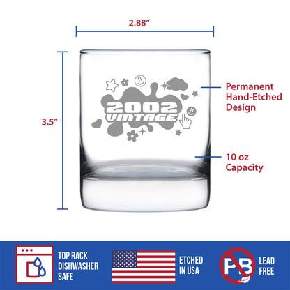 Vintage 2002 - Fun 23rd Birthday Whiskey Rocks Glass Gifts for Men & Women Turning 23 - Retro Whisky Drinking Tumbler