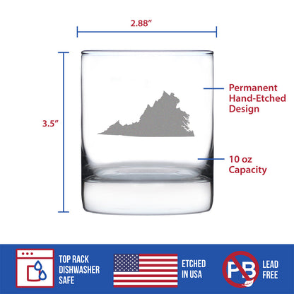 Virginia State Outline Whiskey Rocks Glass - State Themed Drinking Decor and Gifts for Virginian Women & Men - 10.25 Oz Whisky Tumbler Glasses