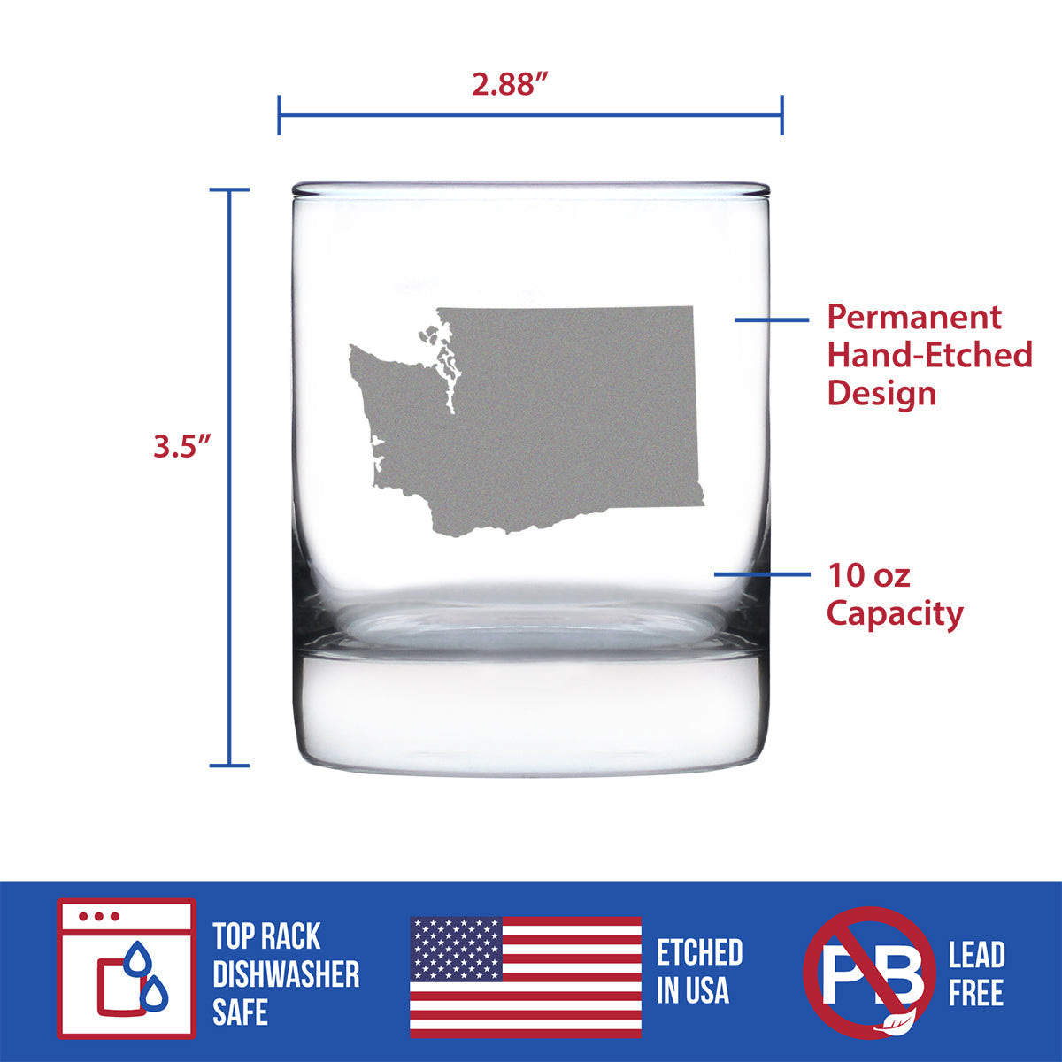 Washington State Outline Whiskey Rocks Glass - State Themed Drinking Decor and Gifts for Washingtonian Women & Men - 10.25 Oz Whisky Tumbler Glasses