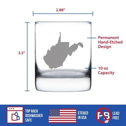 West Virginia State Outline Whiskey Rocks Glass - State Themed Drinking Decor and Gifts for West Virginian Women & Men - 10.25 Oz Whisky Tumbler Glasses