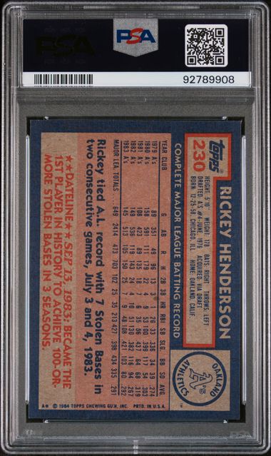 Graded 1984 Topps Rickey Henderson #230 Baseball Card PSA 9 Mint