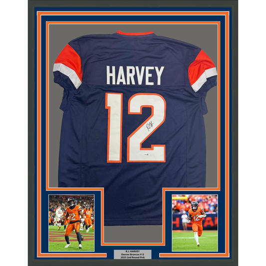 Framed Autographed/Signed R.J RJ Harvey 35x39 Denver Blue Football Jersey JSA COA