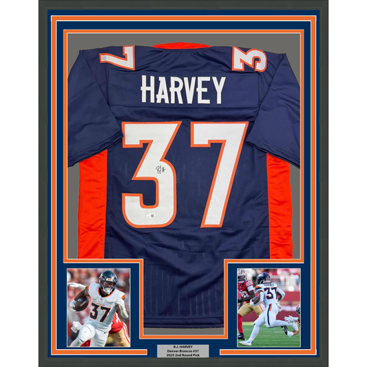 Framed Autographed/Signed R.J RJ Harvey 35x39 Denver Blue Football Jersey JSA COA