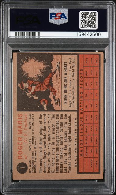 Graded 1962 Topps Roger Maris #1 Baseball Card PSA 3 Very Good