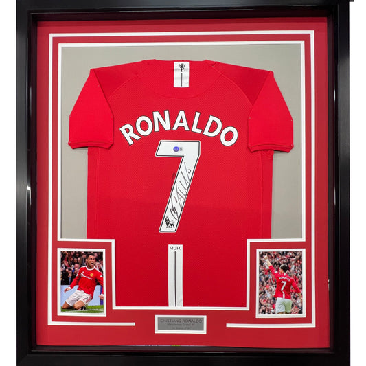 Framed Autographed/Signed Cristiano Ronaldo 35x39 Manchester United Red 2008 Soccer Futbol Jersey Beckett BAS COA/LOA