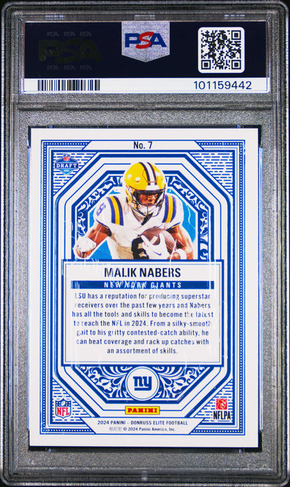 Graded 2024 Panini Donruss Elite Malik Nabers #7 Rookie On Deck Rookie RC Football Card PSA 10 Gem Mint