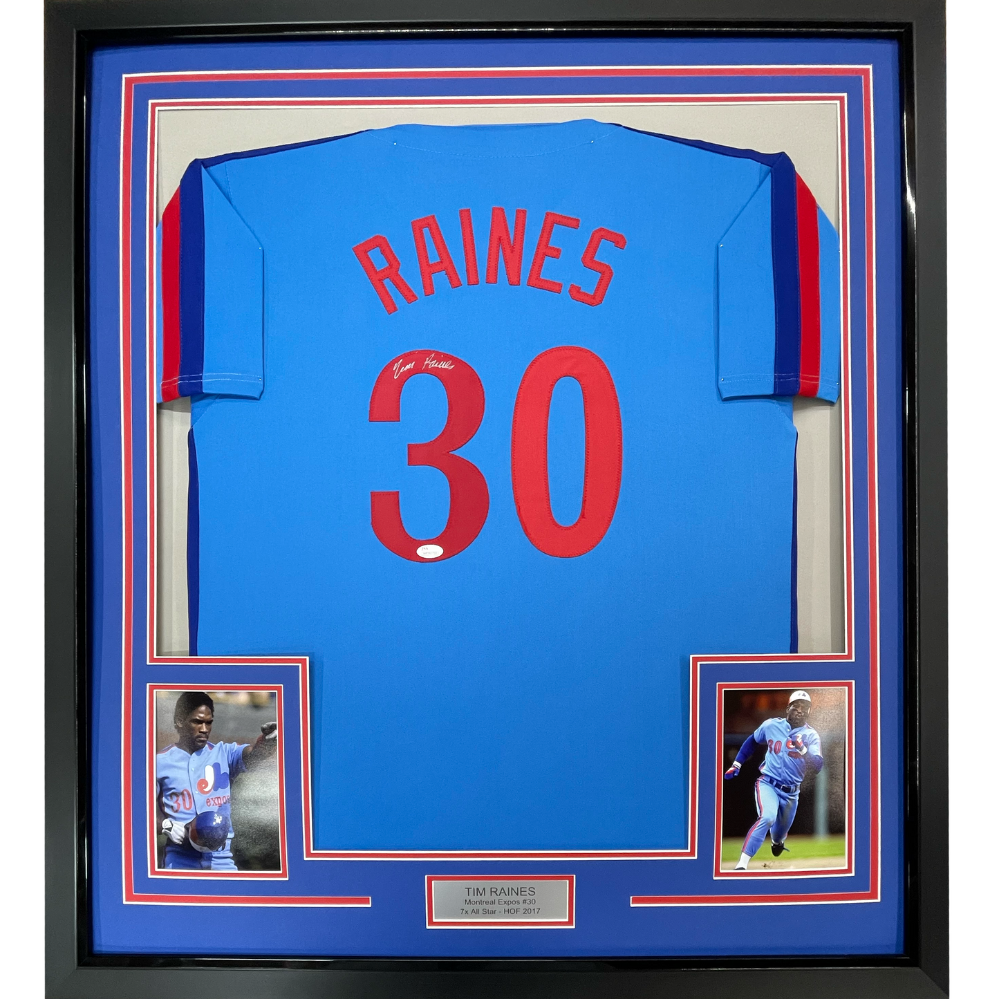 Framed Autographed/Signed Tim Raines 35x39 Montreal Blue Baseball Jersey JSA COA