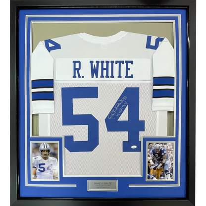 Framed Autographed/Signed Randy White HOF 94 35x39 Dallas White Football Jersey JSA COA