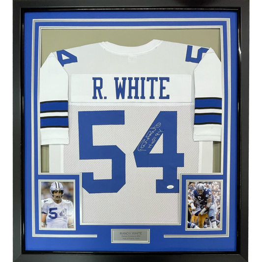 Framed Autographed/Signed Randy White HOF 94 35x39 Dallas White Football Jersey JSA COA