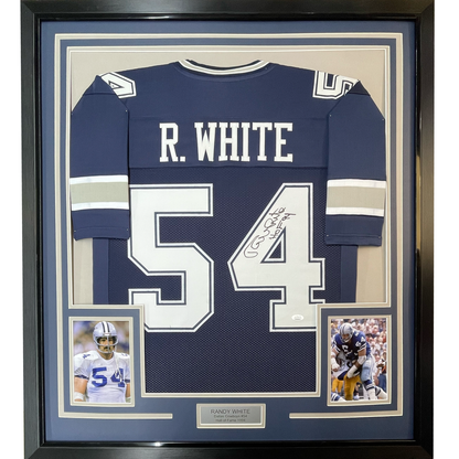 Framed Autographed/Signed Randy White HOF 94 35x39 Dallas Blue Football Jersey JSA COA