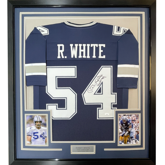 Framed Autographed/Signed Randy White HOF 94 35x39 Dallas Blue Football Jersey JSA COA