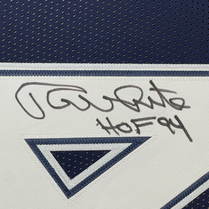 Framed Autographed/Signed Randy White HOF 94 35x39 Dallas Blue Football Jersey JSA COA