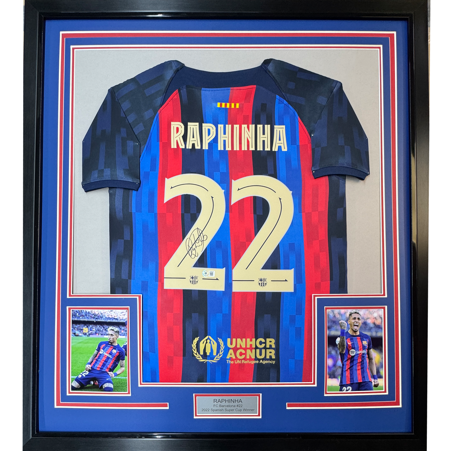 Framed Autographed/Signed Raphinha Raphael Belloli 35x39 FC Barcelona Blue Soccer Jersey Beckett BAS COA